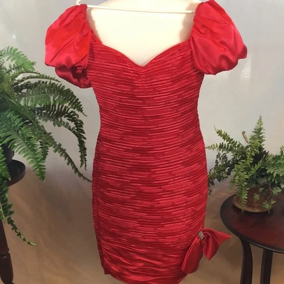 Vintage Lillie Rubin Couture Designer Red Pleated Satin Dress Women’s XS/S 2-4 - Picture 3 of 16